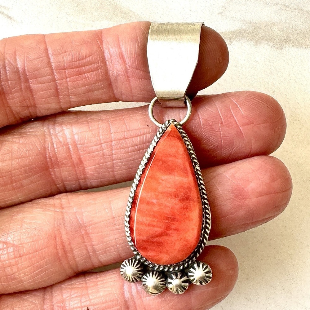 Navajo Orange Spiny Oyster Pendant 2" Flat Cab Sterling Signed Selina Warner USA